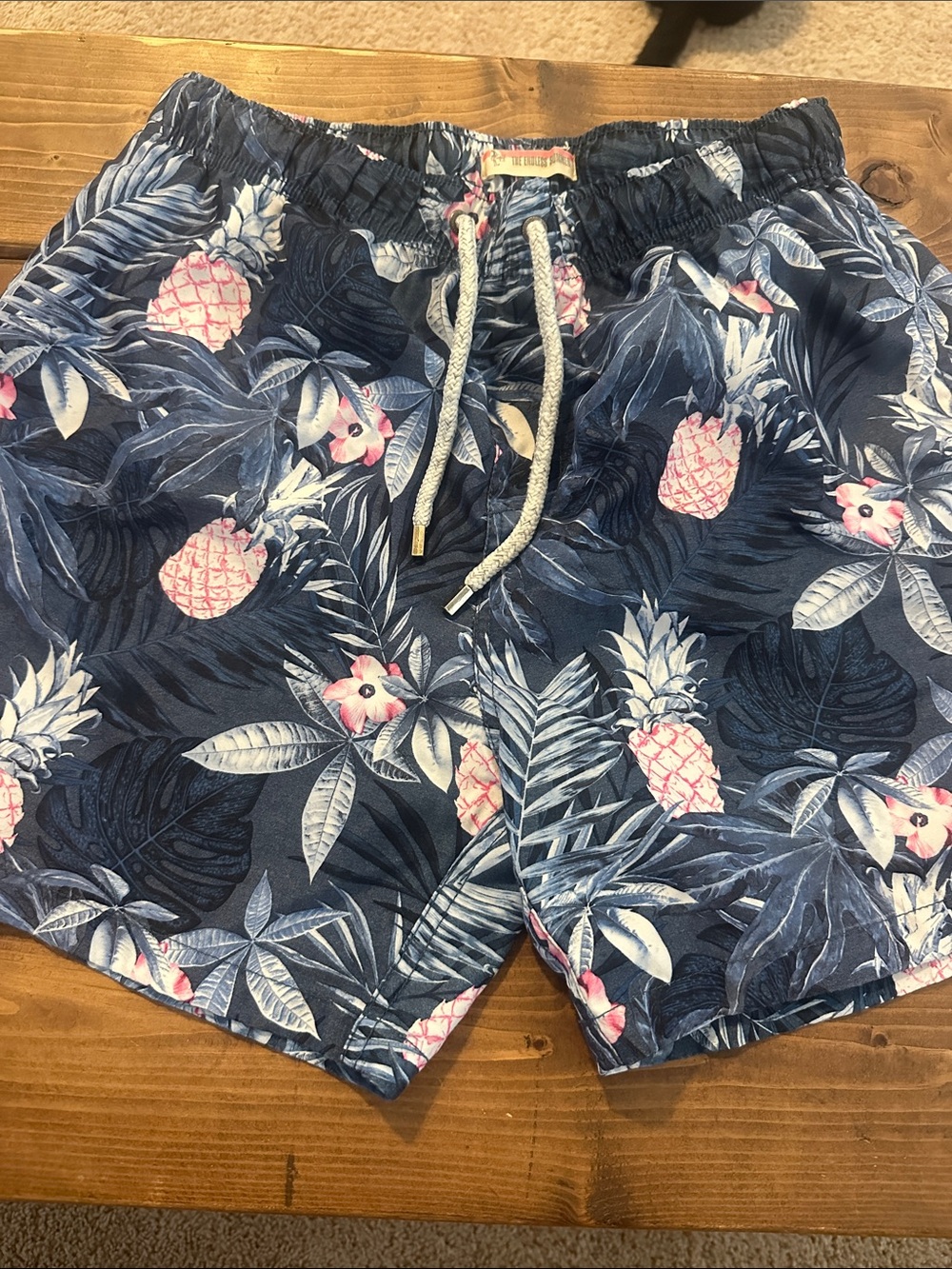 Men's Navy Pineapple Print Swim Trunks with Pink Accents